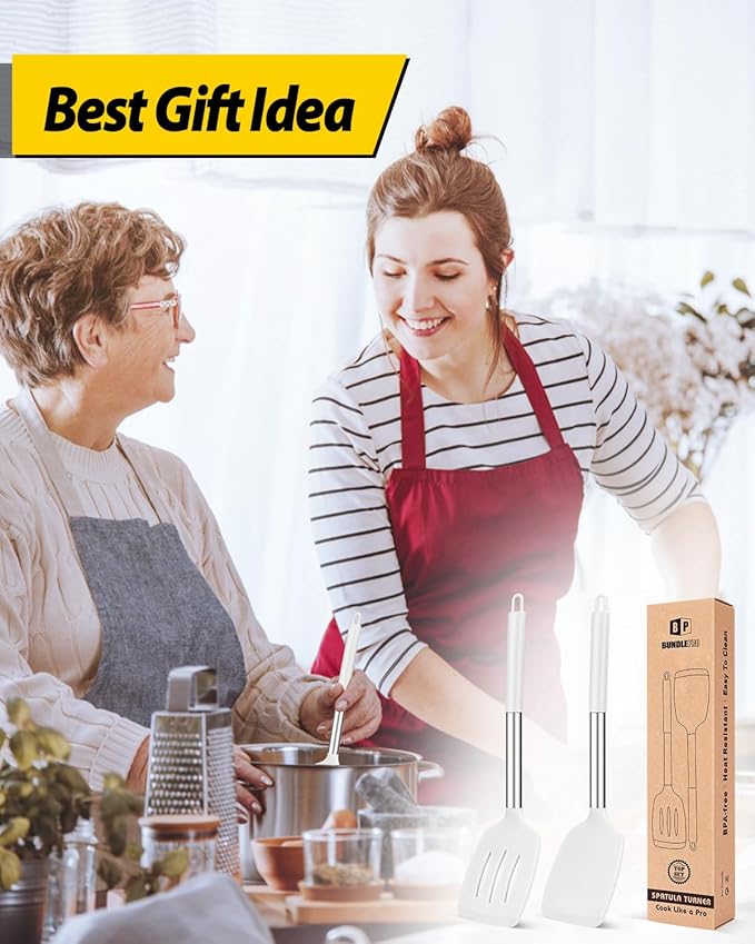 Pack of 2 Silicone Solid Turner, Non Stick Slotted Kitchen Spatulas, High Heat Resistant BPA Free Cooking Utensils, Ideal Cookware for Fish, Eggs, Pancakes(White)