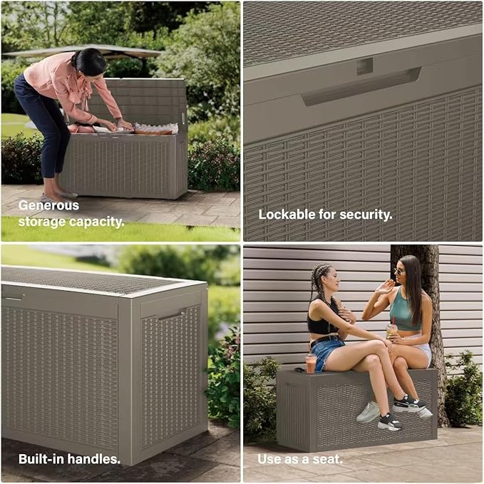 150 Gallon Resin Deck Box, Waterproof Outdoor Storage Bin for Patio Furniture, Pool Accessories, and Garden Tools, Lockable & UV-Resistant, Grey