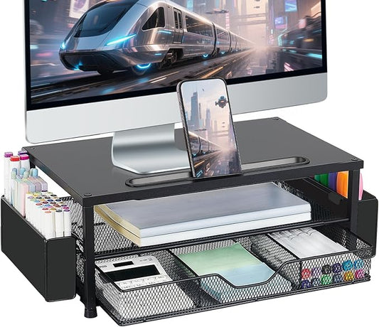 AUPSEN Wood Computer Monitor Stand Riser, 2-Tier Black Desk Organizer with Drawer, Pen Storage & Phone Holder ,Office Desk Accessories Desktop Organizer for Office Supplies
