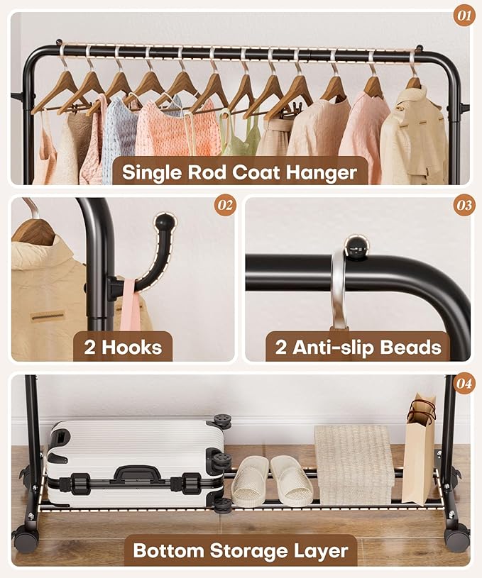 Homde Heavy Duty Clothes Rack: 120lb Standing Garment Storage for Indoor - Rolling Hanging Rod for Bedroom Laundry Room - Coat Dress Organizer on Wheels with luggage shelf (Black,46")