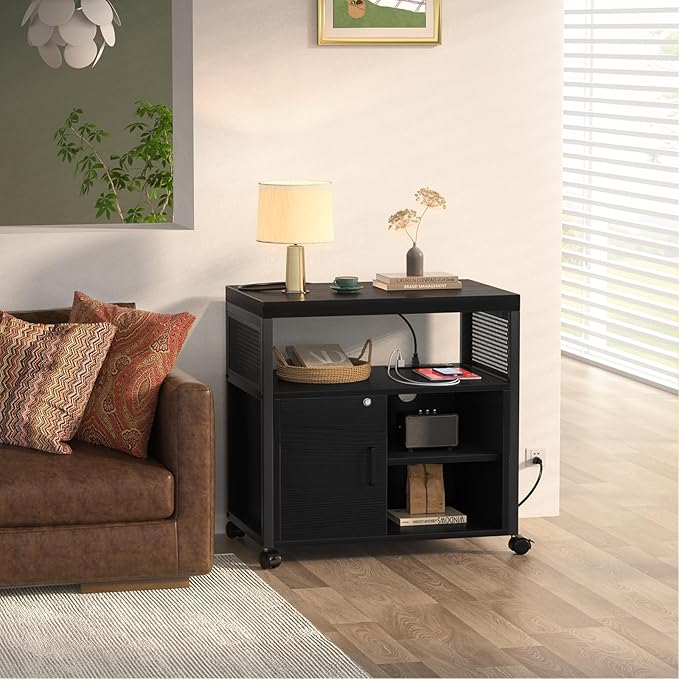 Unikito Lateral File Cabinet, Locking Office Filing Cabinets with Socket and USB Charging Port, Modern Rolling Printer Stand with Storage for A4, Letter Size and File Folders, Black
