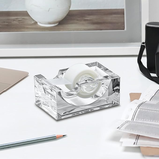 Amazing Abby - Tanya - Acrylic Tape Dispenser (1-Pack), Plastic Label Roll Holder, Clear Sticker Organizer, Perfect Office Desktop Storage Solution for Tapes, Labels, Stickers, and More