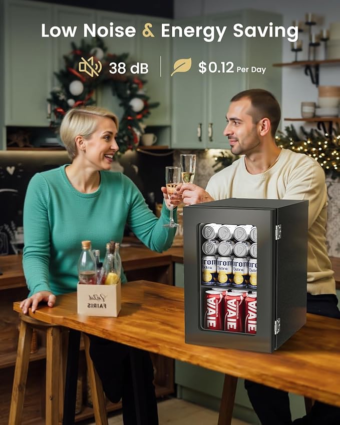 24 Cans Beverage Refrigerator Cooler - Mini Fridge with Glass Door, Soda Wine Beer Drink Fridge - Small Refrigerator for Office Home Bedroom Dorm Bar, Black