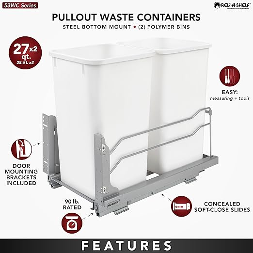 Rev-A-Shelf Double Pull-Out Trash Can for Under Kitchen Cabinets 27 Quart 12.5 Gallon with Soft-Close Slides, White, 53WC-1527SCDM-211