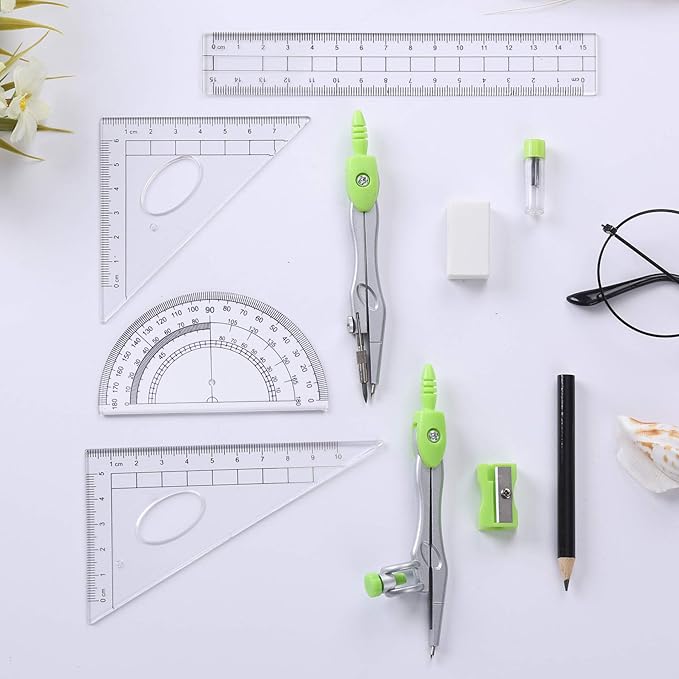 Math Geometry Kit Sets 10 Piece Student Supplies with Shatterproof Storage Box,Includes Rulers,Protractor,Compass,Eraser,Pencil Sharpener,Lead Refills,Pencil,for Drafting(Green)