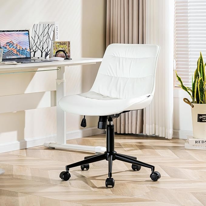 Kidol & Shellder Faux Leather Office Chair, Adjustable Swivel Height Task Chair, Rolling Wheels & Soft Backrest - Armless Ergonomic Desk Chair for Home, Office,Vanity,Gaming(White)