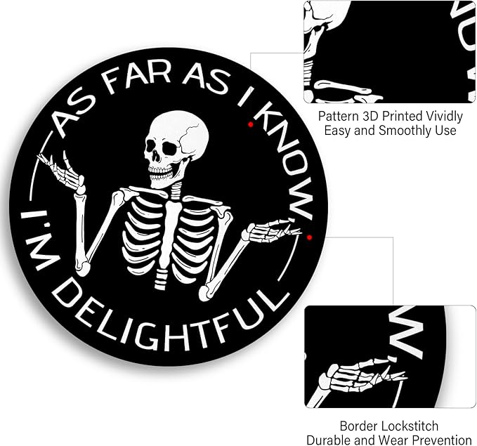 Skeleton Round Mouse Pad, Black Funny Small Mouse Pad with Non-Slip Rubber Base, Desk Mousepad for Wireless Mouse, Gaming Mouse Mat for Computer Laptop Office Women Men, 8.6 x 8.6 Inch