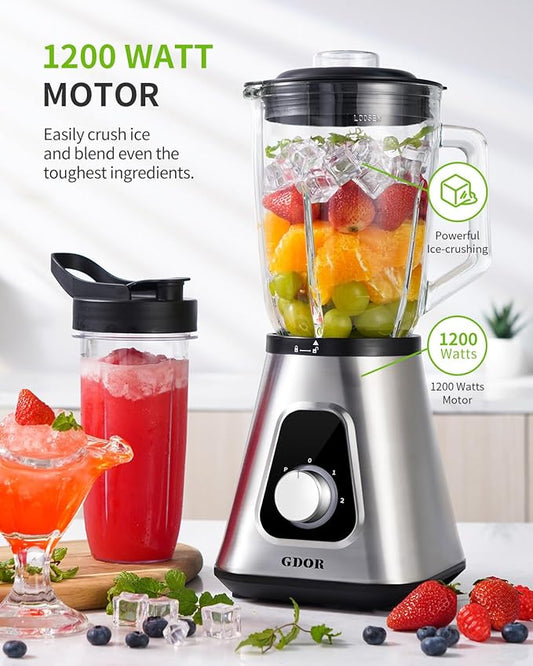 GDOR 1200W Blender for Smoothies and Shakes, 52 Oz Countertop Blender & 22 Oz Personal Blender Combo, 6-leaf Blade, 3 Adjustable Speed for Juices, Frozen Fruit Drinks, Sauces, Self-Cleaning