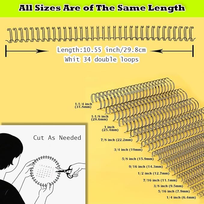 1/2 Inch Wire Cinch Book Binding Black 3:1 Pitch, 100 Pack Double Loop Metal Spiral for Bindings Fit for School Office Notebook Maker, YolieraArt Office Products Binding Combs 100 Sheet Capacity