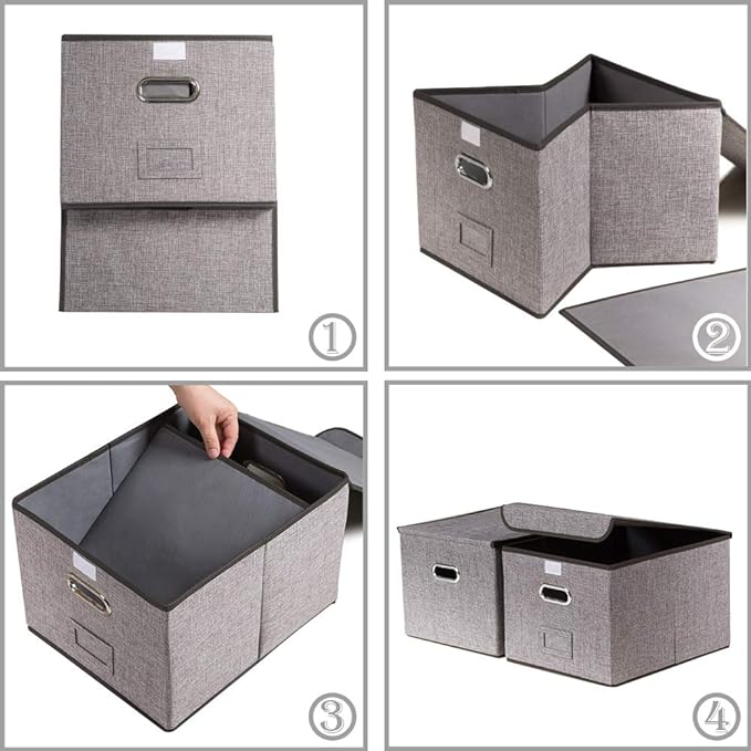 PRANDOM File Organizer Box - Set of 2 Collapsible Decorative Linen Filing Storage Hanging File Folders with Lids Office Cabinet Letter Size (15x12.2x10.75 inch)