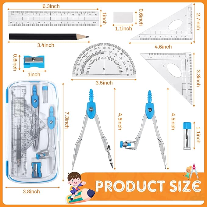 Teling 12 Sets Math Geometry Kit for Students 10 Pcs Compass Geometry Tools Set Includes Rulers Protractor Compass Eraser Pencil Sharpener Lead Refills Pencil (Colorful)