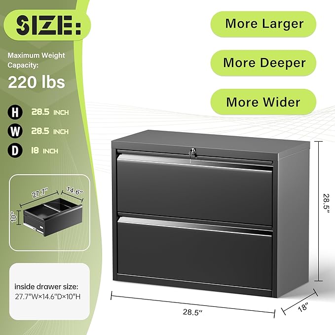 Incbruce Lateral File Cabinet with Lock, 28" W 2 Drawer Filing cabinets for Home Office Home, Office, Fit A4/F4/Letter/Legal File, Under Desk Filing Cabinet (Black)