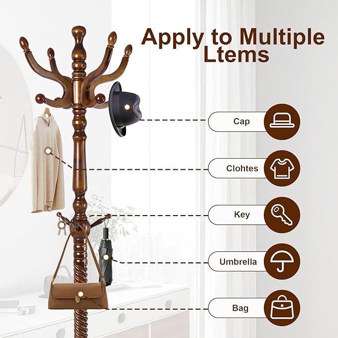 Solid Wood Coat Stand, Freestanding with Stable Base, 70" Birch Coat Tree Organizer for Home, Bedroom, Office, Hallway & Entryway with 11 Hooks