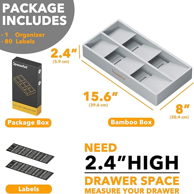 SpaceAid Bamboo Silverware Drawer Organizer with Labels, Kitchen Utensil Tray Holder Organizer for Flatware, Cutlery, Spoon and Knives Drawer Storage Organization (Gray, 6 Slots)