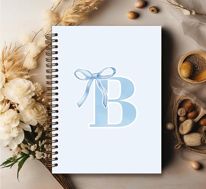Initial B Notebook Journal,Personalized Teen Girl Gifts,Coquette Trendy Preppy Blue Bow Spiral Notebook,Monogrammed Gifts for Women Teen Girl,College Ruled Hardcover Spiral Notebook 5.5 x 8.3
