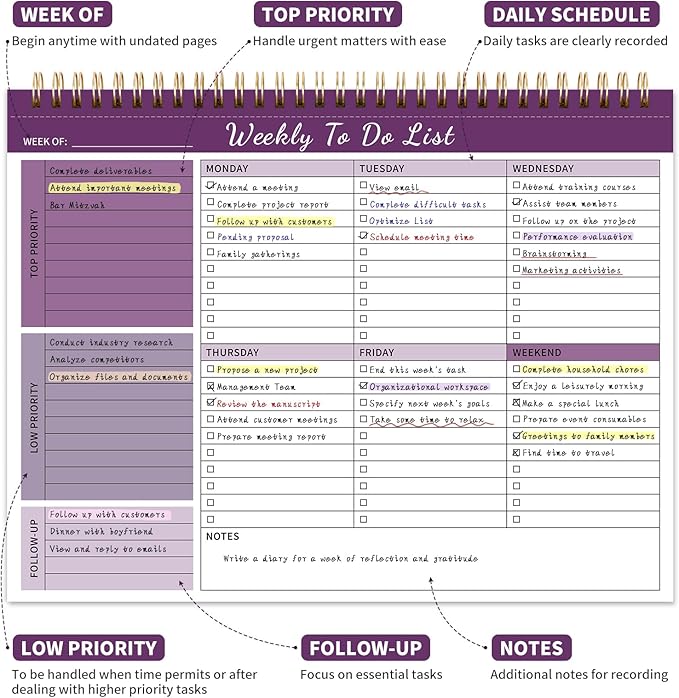 Weekly To Do List Notepad, 52 Undated Sheets (8.5"×11") Duplex-printed Weekly Planner Notepad For Work Home School Office Desk Accessories Supplies & Goal Setting Tasks - Purple