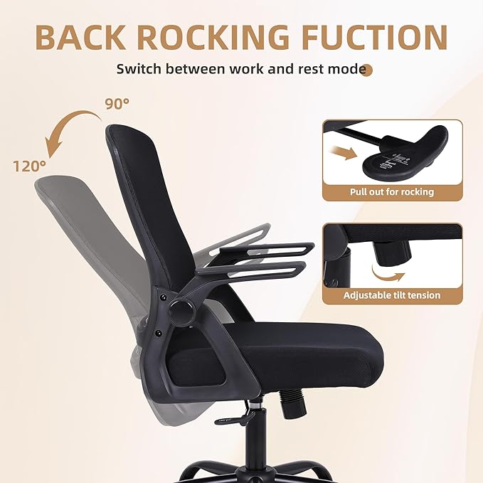 Ergonomic Desk Chair with Lumbar Support, Breathable Mesh with Flip-up Armrests and Mid Back, Comfortable Task Computer Height Adjustable Swivel Chair (10, Black)