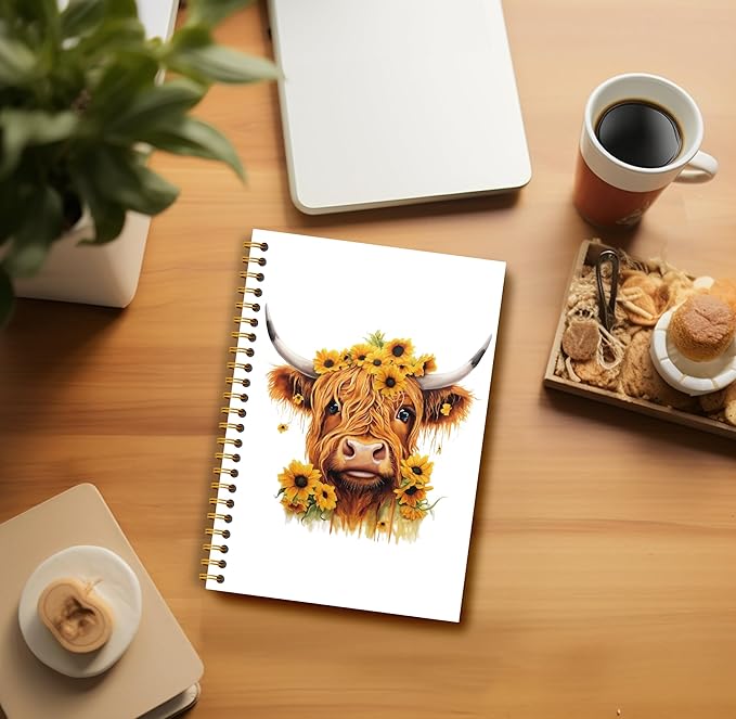 Sunflower Highland Cow Notebook - Western Notebook, Cow Notebook, Highland Cow Office Supplies, Highland Cow Gifts, Cow Stuff, Farmhouse Highland Cows Spiral Notebook 5.5x8.3