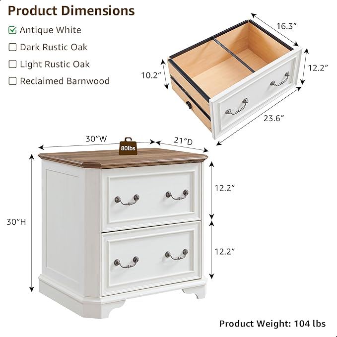 T4TREAM 2 Drawer File Cabinet-30 Wide Wooden Extended Desktop, Farmhouse Filing Cabinet with Smooth Rails, Holds Letter/Legal/A4, Hexagonal Design & Framed Drawer Fronts, Antique White