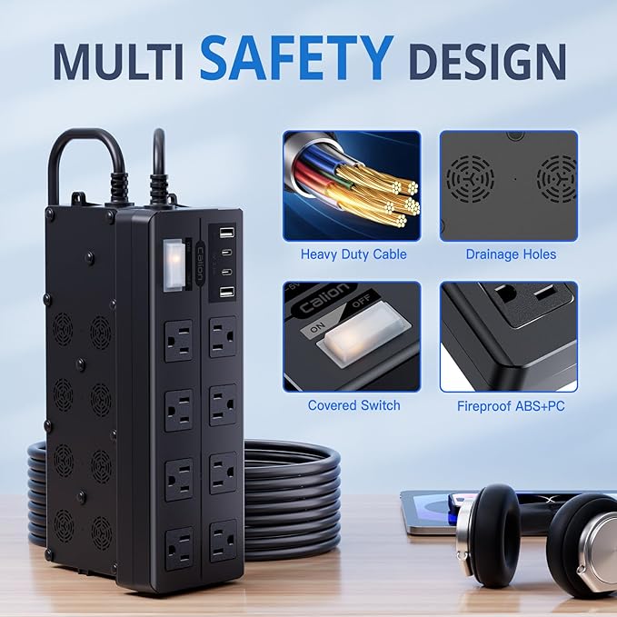 Outdoor Power Strip Weatherproof,Waterproof Surge Protector with 8 Wide Outlets,4 USB Charger,15 FT Extension Cord,16AWG,1875W/15Amps,Multi Outlet Extender for Office Patio Garden Christmas Lights