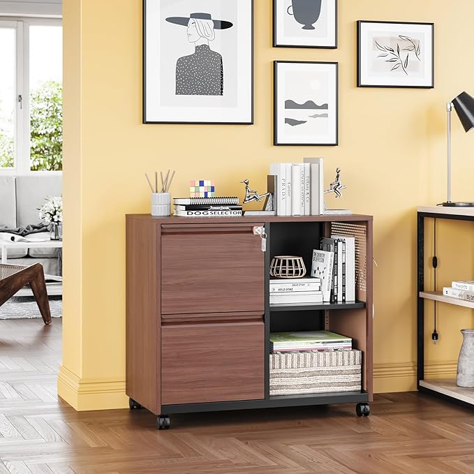 2 Drawer Mobile File Cabinet,Metal File Cabinet with Lock,Lateral Printer Stand Filling Storage Cabinet for Home Office-A4/F4/Letter(Wood