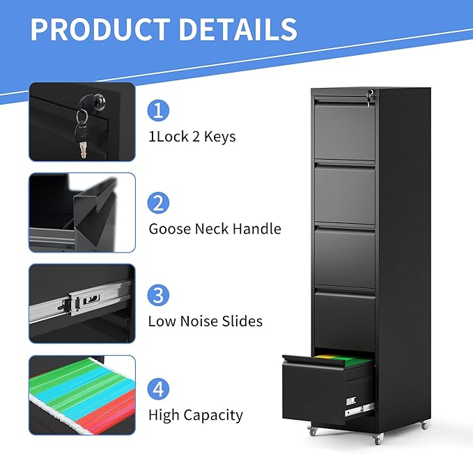 5 Drawer Mobile File Cabinet, Filing Cabinet Home Office for Letter, Legal Size, Black
