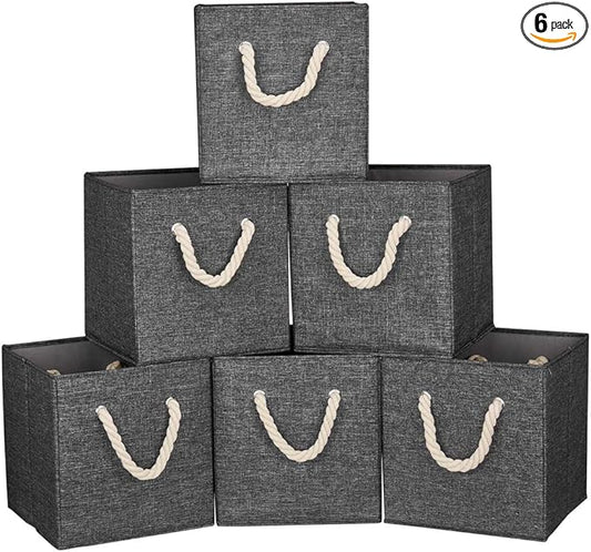 10.5 Inch Fabric Storage Boxes Bins and Cubes - Foldable Storage Basket with Grey Inserts, Package of 6