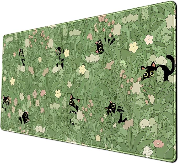 Green Desk Mat XL Cat Cute Plant Cool Desk Pad Keyboard Mat Kawaii Black Cat Flower Mouse Pad Green Desk Mat Desk Decor with Stitched Edges Non-Slip Large Computer Mat 31.5x15.7in