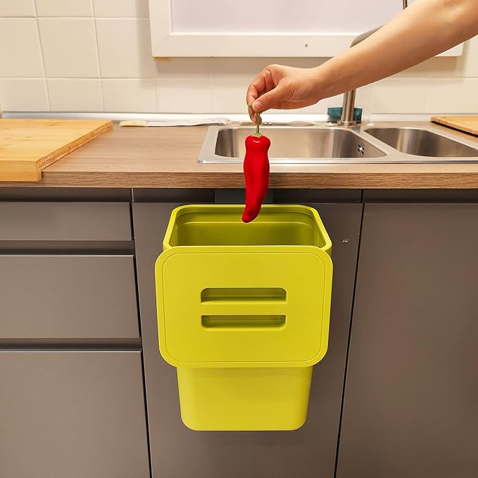 stonespace Small Trash Can with Lid,Mountable Indoor Compost Bucket, Hanging Trash Can with Lid for Cupboard/Bathroom/Bedroom/Office/Camping, 3.2 Gallon/12L Green