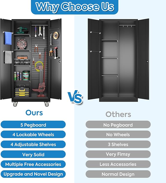 Garage Storage Cabinet with Wheels, Metal Tool Cabinet with Pegboards and 4 Adjustable Shelves, Garage Storage System with Lockable Door for Shools, Offices, Gyms and Pantries, Black