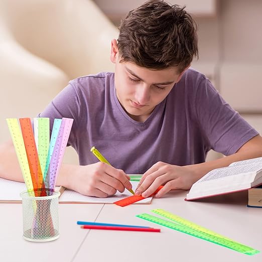Fumete 144 Pack 12 Inch Plastic Rulers Bulk for Classroom Back to School Supplies Flexible Transparent Assorted Color Ruler with Centimeters and Inches for Office Teacher Student