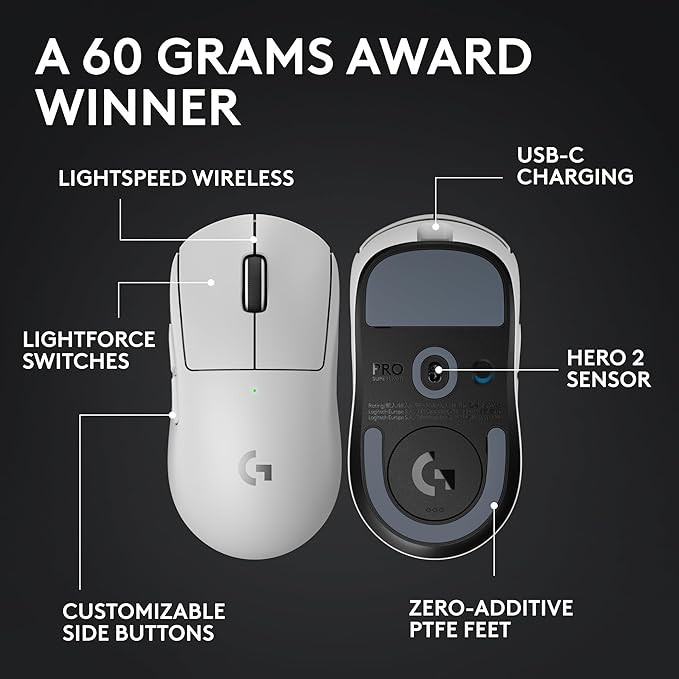 Logitech G PRO X SUPERLIGHT 2 Wireless Gaming Mouse, 60g Pro-Grade with 5 Programmable Buttons, 44k DPI Sensor, 8kHz Report Rate, USB-C Charging for PC/Mac - White