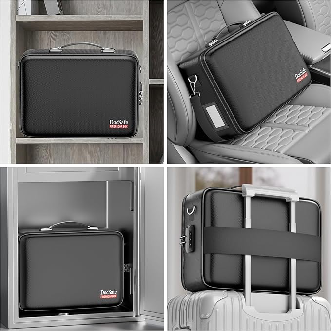DocSafe Fireproof Document Box with Lock, Hard Case File Organizer with Accordion File Folder, Fireproof Water Resistant Safe Box Home Office Travel Storage for Important Documents Laptop Black