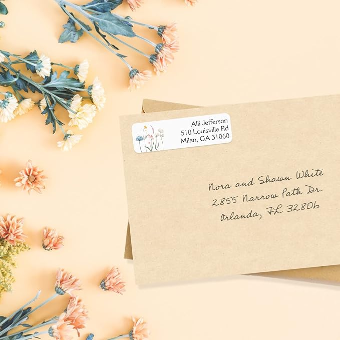 Wildflower Rolled Address Labels / 250 Personalized Return Address Labels/Designer Address Stickers in Elegant Plastic Dispenser