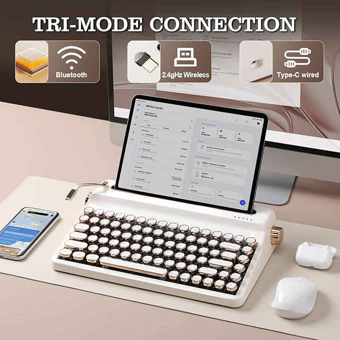 YUNZII QL75 Wireless Typewriter Hot Swap Retro Mechanical Keyboard,Punk Round Keycaps,RGB Backlit QMK/VIA Programmable, Multi-Device Keyboard with 2.4GHz/Type-C/BT5.0 (White, Cocoa Cream V2 Switch)