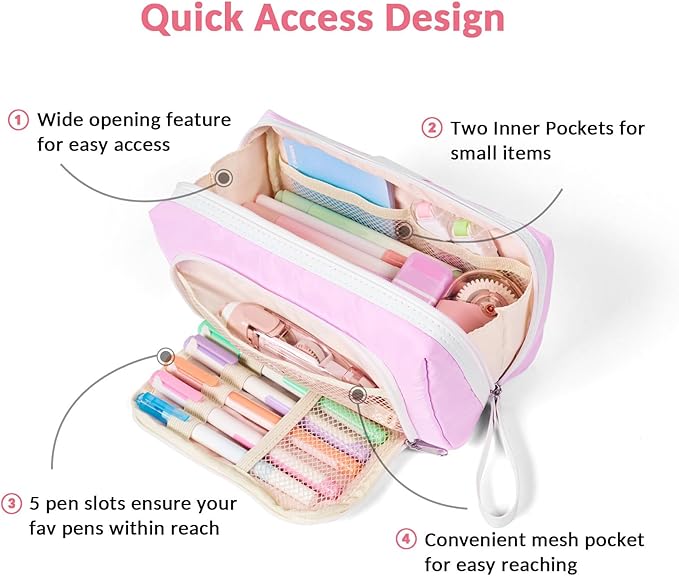 Sooez Big Capacity Pencil Case, Extra Large Pencil Pouch with Zipper Pocket, Wide Opening Pencil Bag, Portable Stationery Organizer, Cute Aesthetic School Office Supplies for Teens Girls Adults, Pink