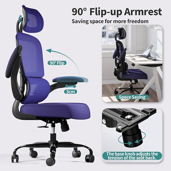 Office Chair Ergonomic Desk Chair, 330 LBS Home Mesh Office Desk Chairs with Wheels, Comfortable Gaming Chair, High Back Office Chair for Long Hours (Violet)
