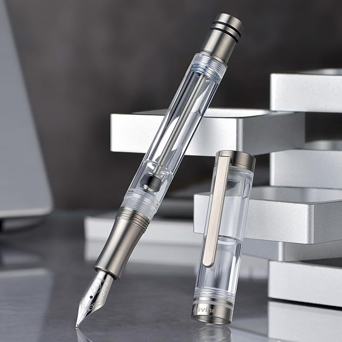 Asvine Vacuum Filling Fountain Pen Luxury Titanium Fine Point Pen V200 Series, Clear Demonstrator Smooth Writing Pen Gift Case