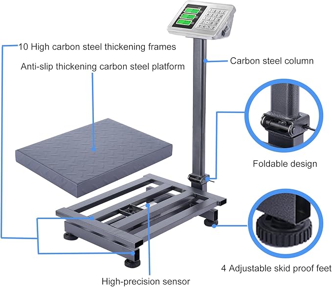 TUFFIOM 661lbs Electronic Industrial Commercial Platform Scale,Stainless Steel High-Definition LCD Display,Digital Floor Heavy Duty,Luggage Package Price Computing Postal Shipping Mailing,Grey