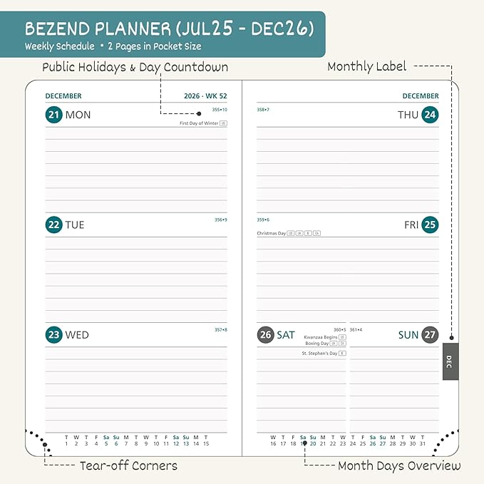 BEZEND Pocket Planner 2025-2026 Weekly and Monthly, 3.5" x 6" Academic Planner (Jul 25-Dec 26) 18-Month Mid-Year Calendar Book, Storage Pocket, Pen Holder, PU Leather Hardcover - Red