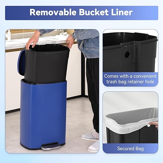 PayLessHere Stainless Steel Trash Can with Lid - Removable Inner Bucket, Foot Pedal Soft Close for Office, Home, Kitchen Garbage Bin (Deep Blue, 13 G)
