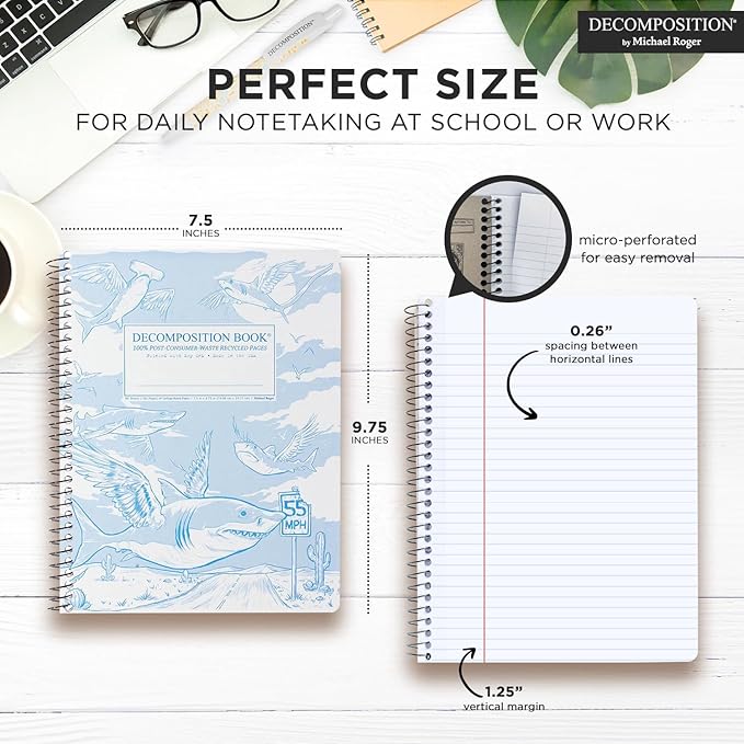 Decomposition Flying Sharks College Ruled Spiral Notebook - 9.75 x 7.5 Journal with 160 Lined Pages - 100% Recycled Paper - Notebooks for School Supplies, Home & Office - Made in USA