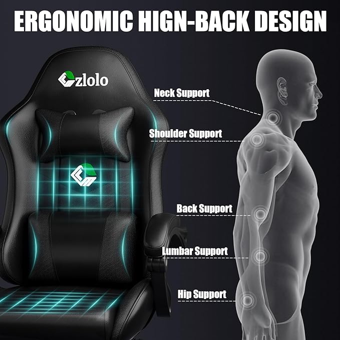 Gaming Chair, Ergonomic Office Computer Chair with Footrest and Lumbar Support Massager Racing Style High Back Video Gamer Chair, Wide&Thick Cushion, 90°-135° Recline, Adjustable Height, Black