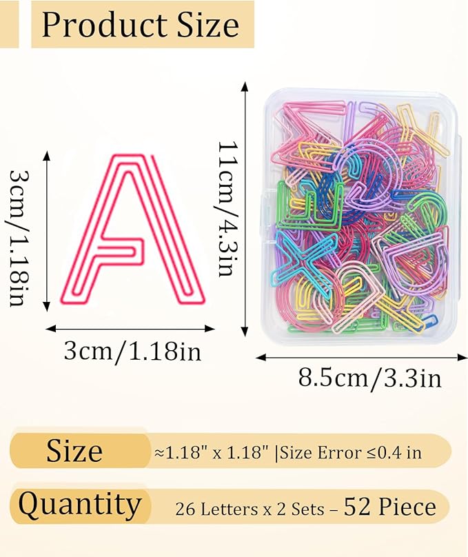 52 Pcs A-Z Stainless Steel Paper Clips - Alphabet Letter Clips for Office & School with Storage Box Assorted Color (26 Letters)