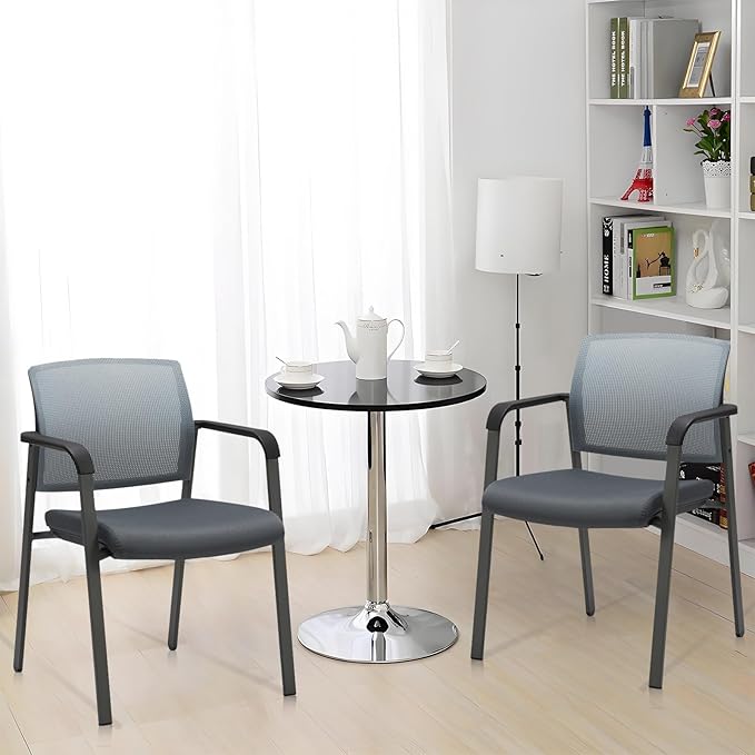 CLATINA Mesh Back Stacking Arm Chairs with Upholstered Fabric Seat and Ergonomic Lumber Support for Office School Church Guest Reception Grey