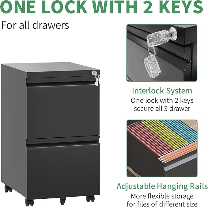 2 Drawer Mobile File Cabinet, Filing Cabinet Home Office for Letter, Legal Size, Fully Assembled Under Desk File Cabinet, Blac