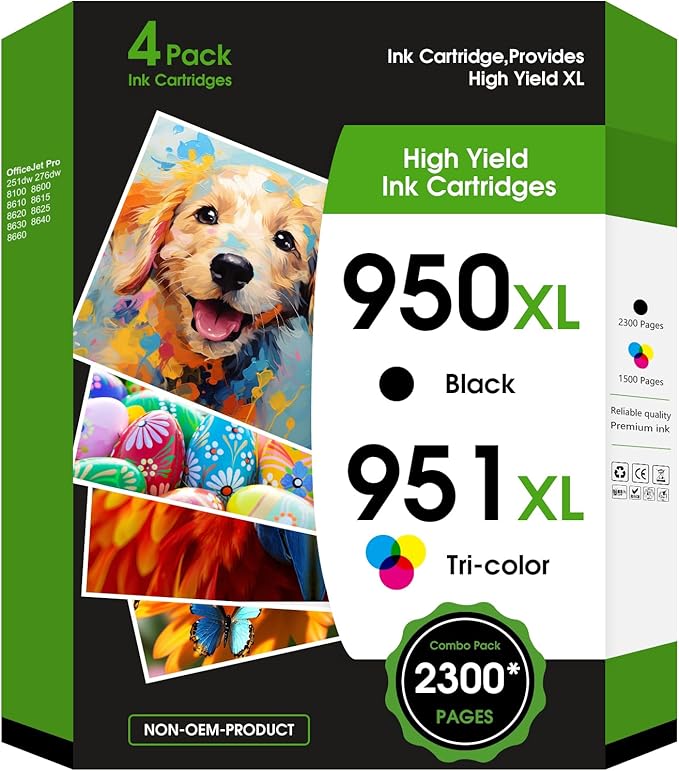 950XL 951XL Ink Cartridges Combo Pack Replacement for HP 950 951 XL for HP OfficeJet Pro 8600 8610 8630 8620 8615 8625 8100 276DW 251DW Printer,Black Cyan Magenta Yellow