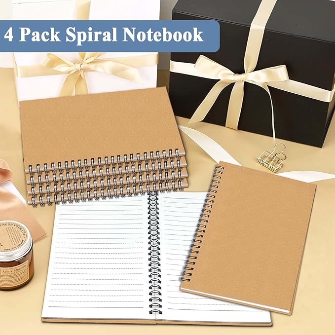 GINMLYDA 4Pack Small Spiral Notebook A5, 8.25x5.5β 120 Lined Pages Wide Ruled Spiral Journal Bulk Blank Kraft Cover Spiral Bound Notebook & Writing Pads for Home Office Meeting Work Note Taking