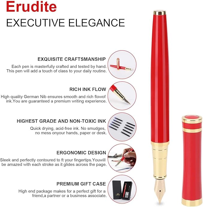 Cheericome Fountain Pen - Luxury Fountain pen set for Men & Women - Ink Pen for Smooth Writing - Fountain Pen Fine Nib,Includes 10 Ink Cartridges and Ink Refill Converter - Red