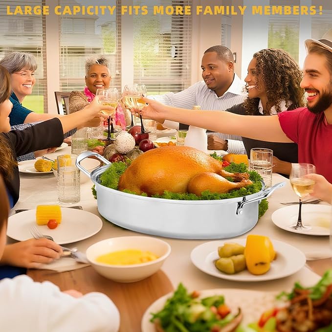 JY COOKMENT 22" Large Roasting Pan with Rack and Lid,Oval Turkey Roaster Pan for oven,Stainless Steel Roasting Pan with rack,Best Gift for Mother or Father.